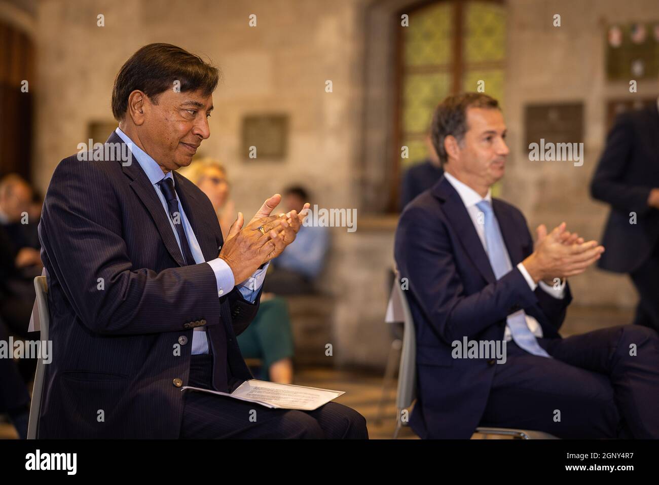 ArcelorMittal CEO Aditya Mittal speaks at the presentation of the  decarbonisation roadmap for steelmaking at the ArcelorMittal factory on 13  July 2021 in Gijón, Asturias, Spain. With decarbonisation, the Asturian  plants aim