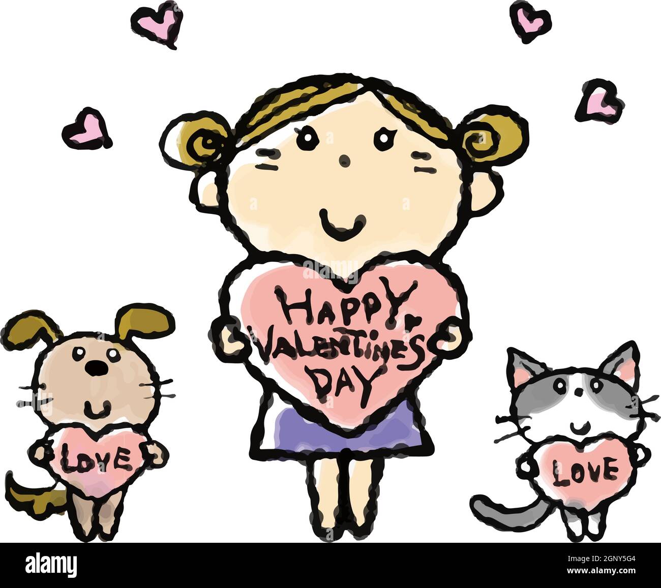 A cute girl with a valentine heart standing with cat and dog, hand-drawn illustration Stock Vector