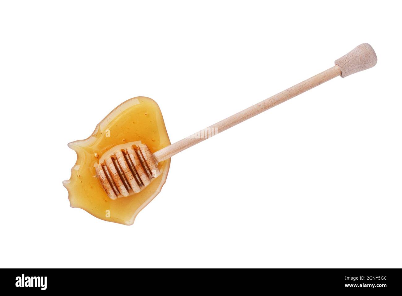 Honey and wooden honey dipper isolated on white background top view