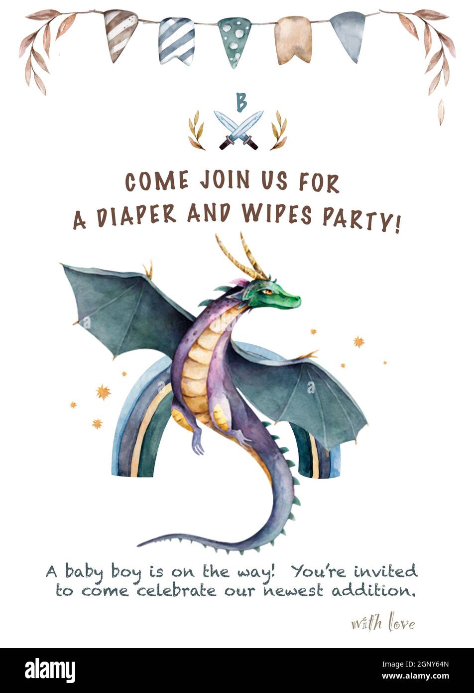 Baby Shower Golden and green cute dragon. Hand drawn watercolor cartoon ...
