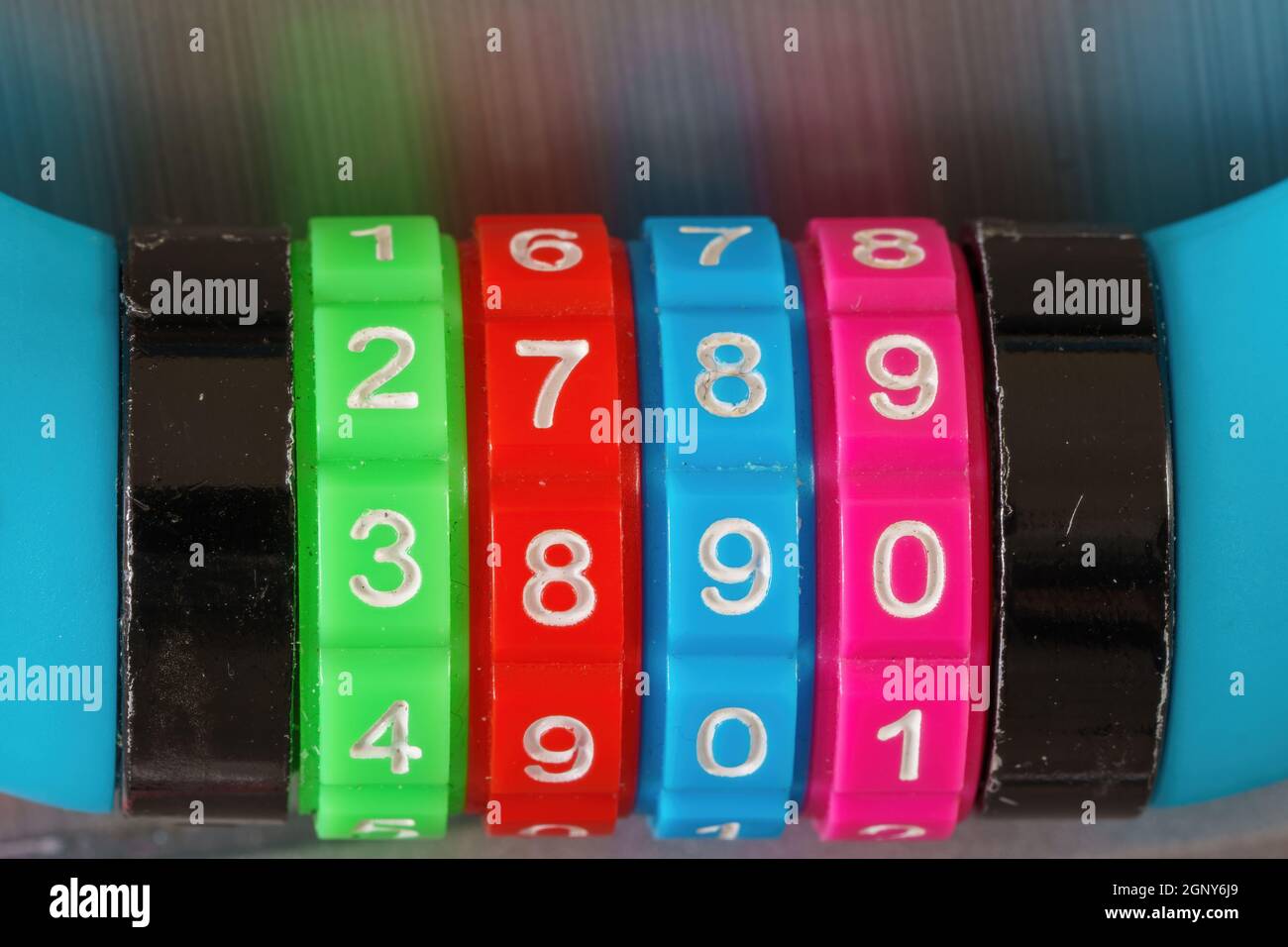 Close up of a colorful combination lock and their numbers Stock Photo