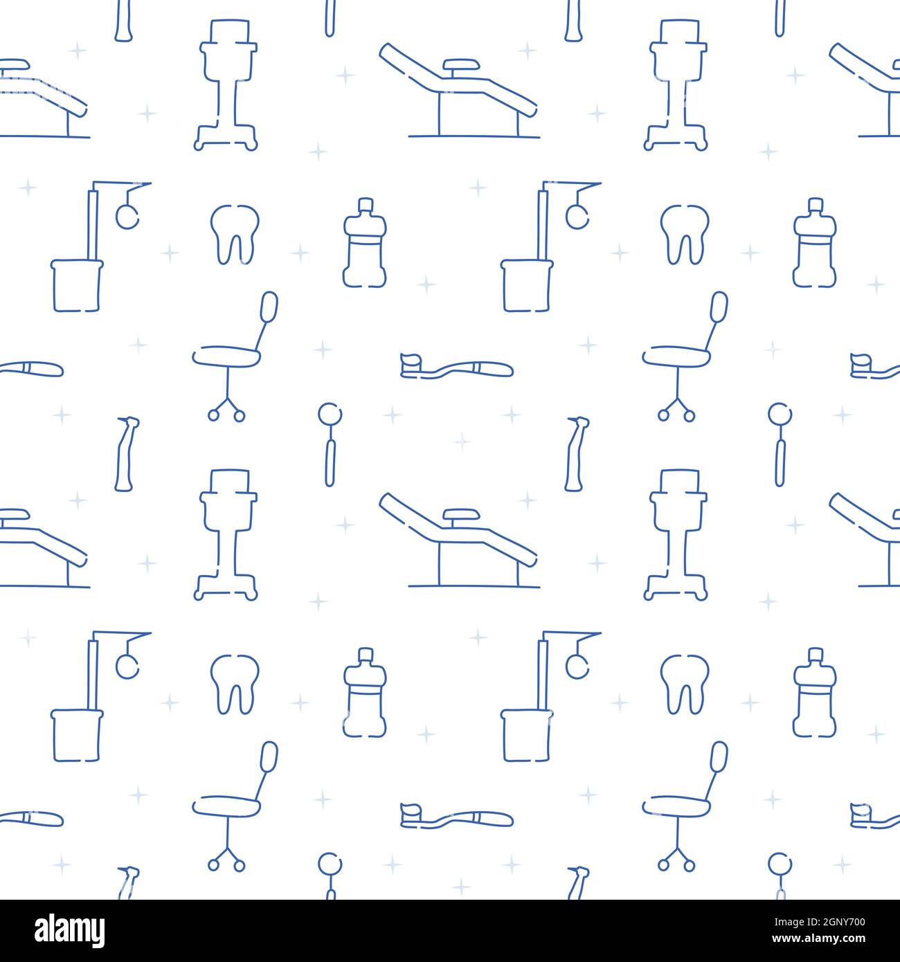 Dental care, Orthodontics Seamless Pattern with Line Icons. Dentist, Medical Equipment, Braces, Tooth Prosthesis, Floss, Caries Treatment, Toothpaste. Stock Vector