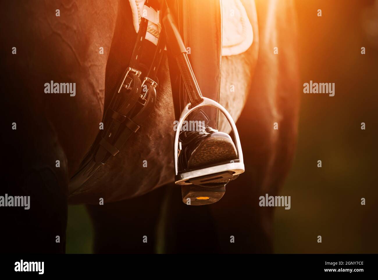 The rider's foot, sitting in the saddle on a horse, is dressed in a