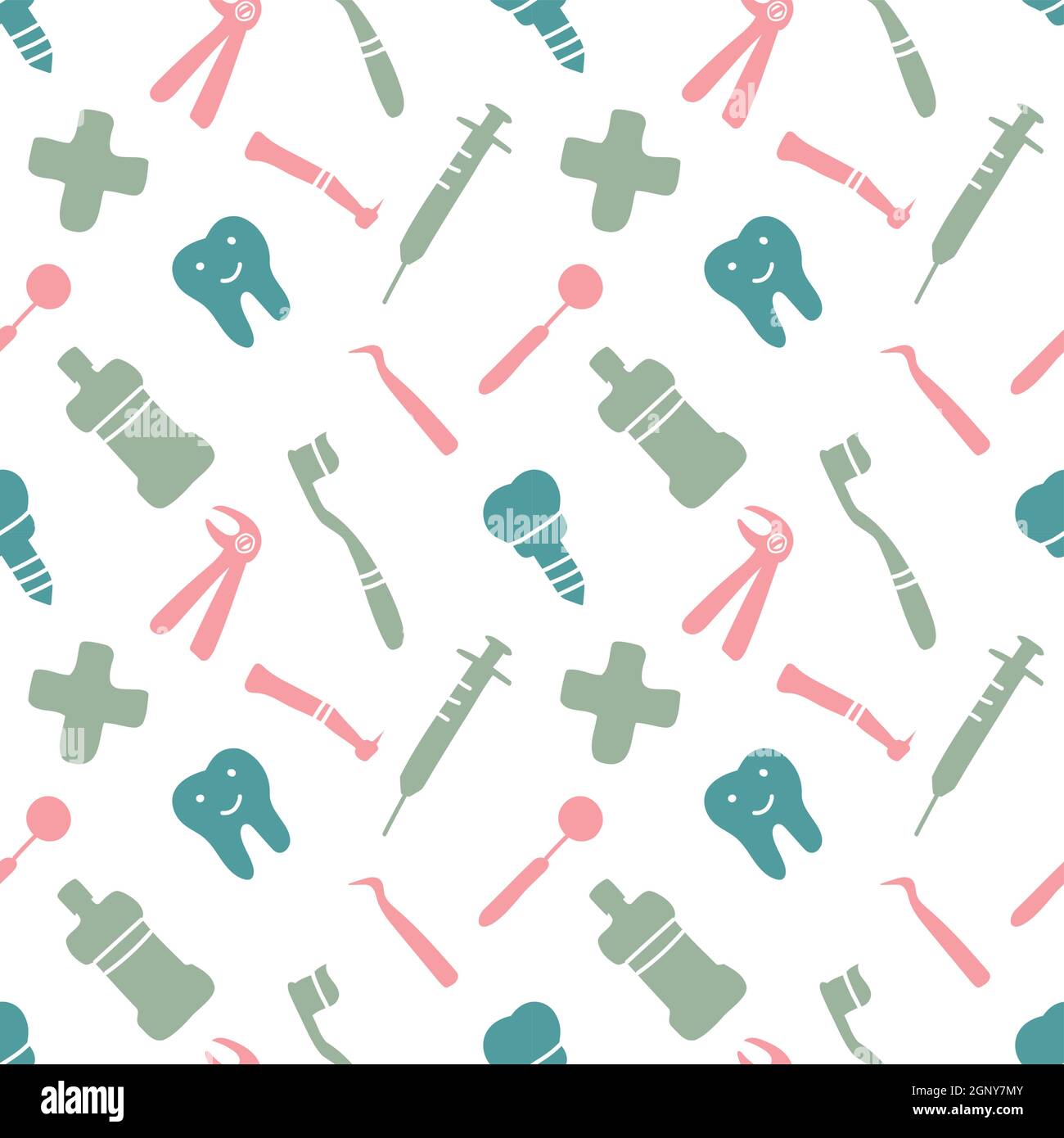 Dental care, Orthodontics Seamless Pattern with Line Icons. Dentist, Medical Equipment, Braces, Tooth Prosthesis, Floss, Caries Treatment, Toothpaste. Stock Vector