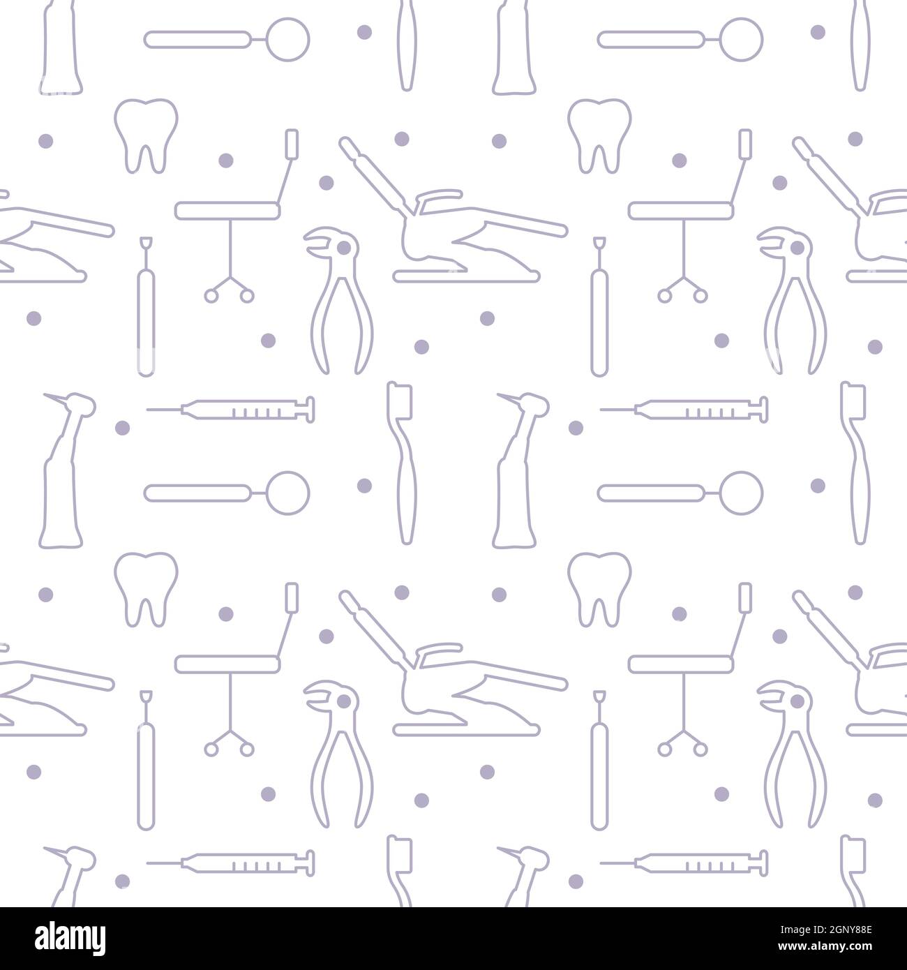 Dental care, Orthodontics Seamless Pattern with Line Icons. Dentist, Medical Equipment, Braces, Tooth Prosthesis, Floss, Caries Treatment, Toothpaste. Stock Vector