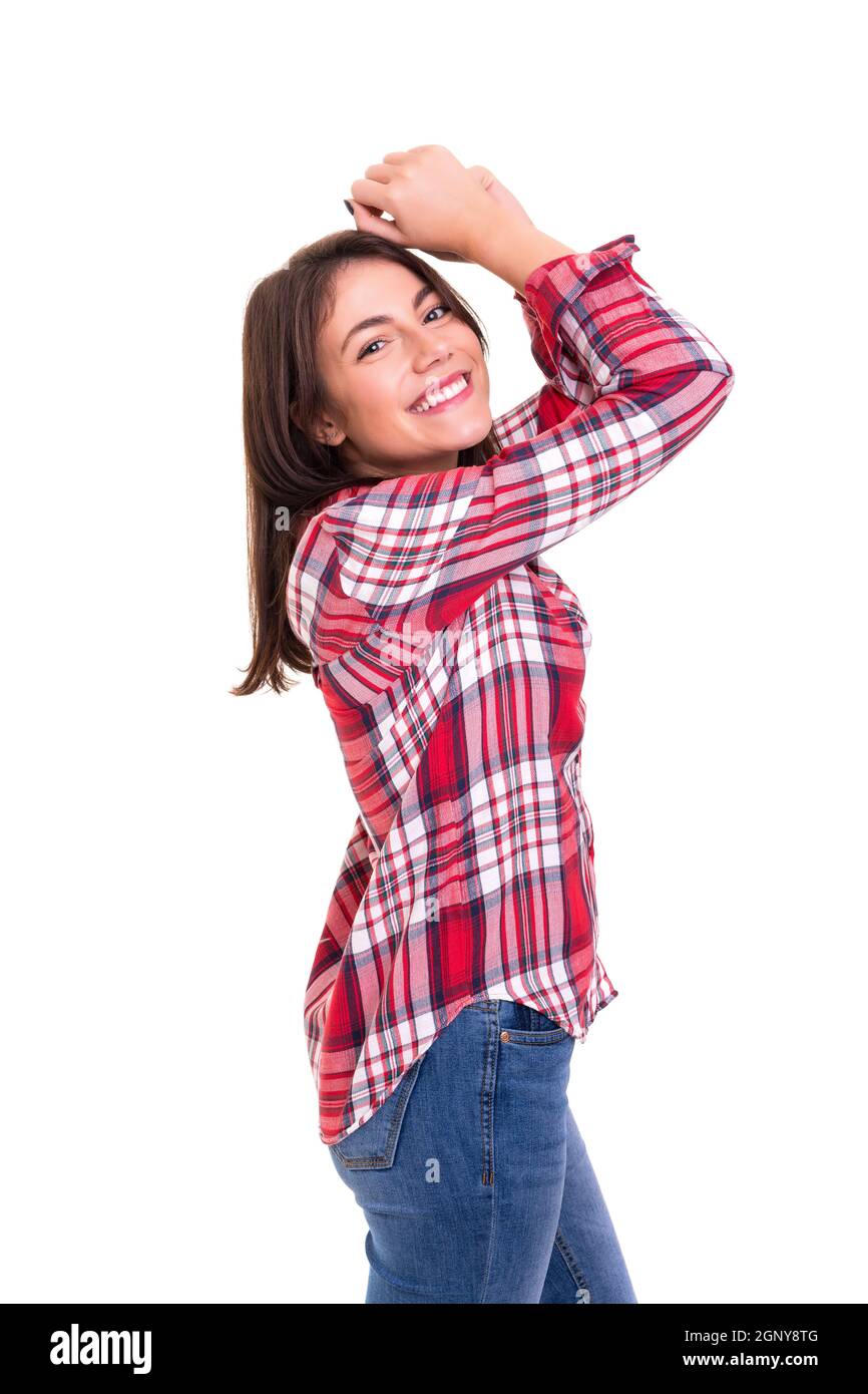 Studio shot: Happy woman with raised arms Stock Photo - Alamy