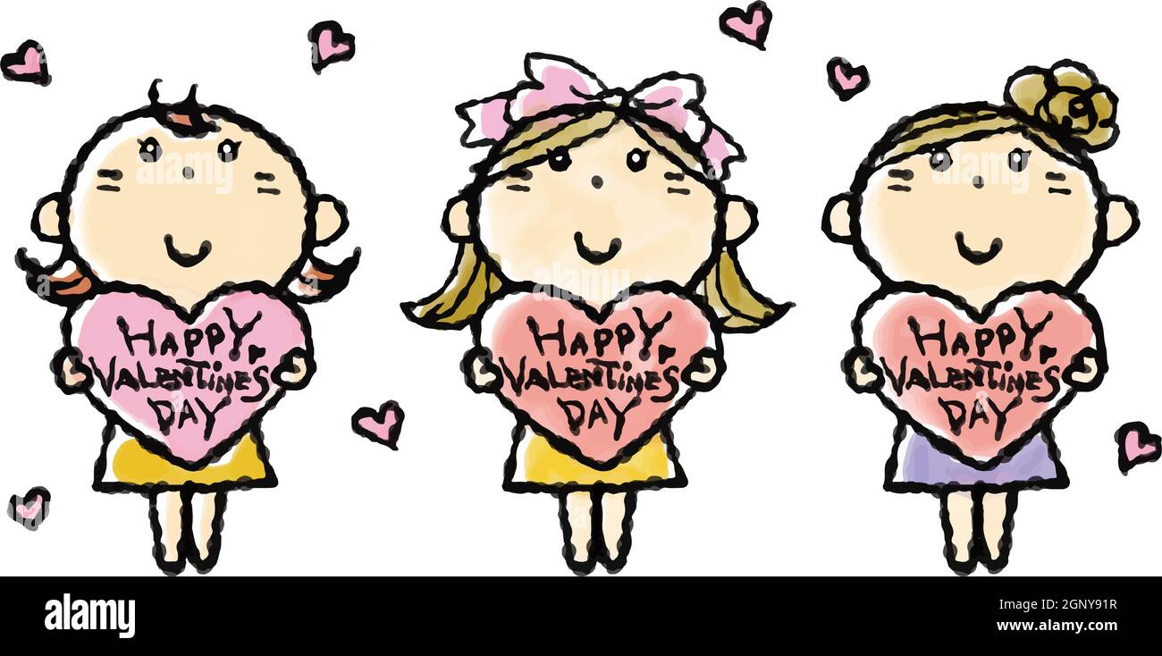 Cute girls with a valentine heart standing together, hand-drawn illustration Stock Vector