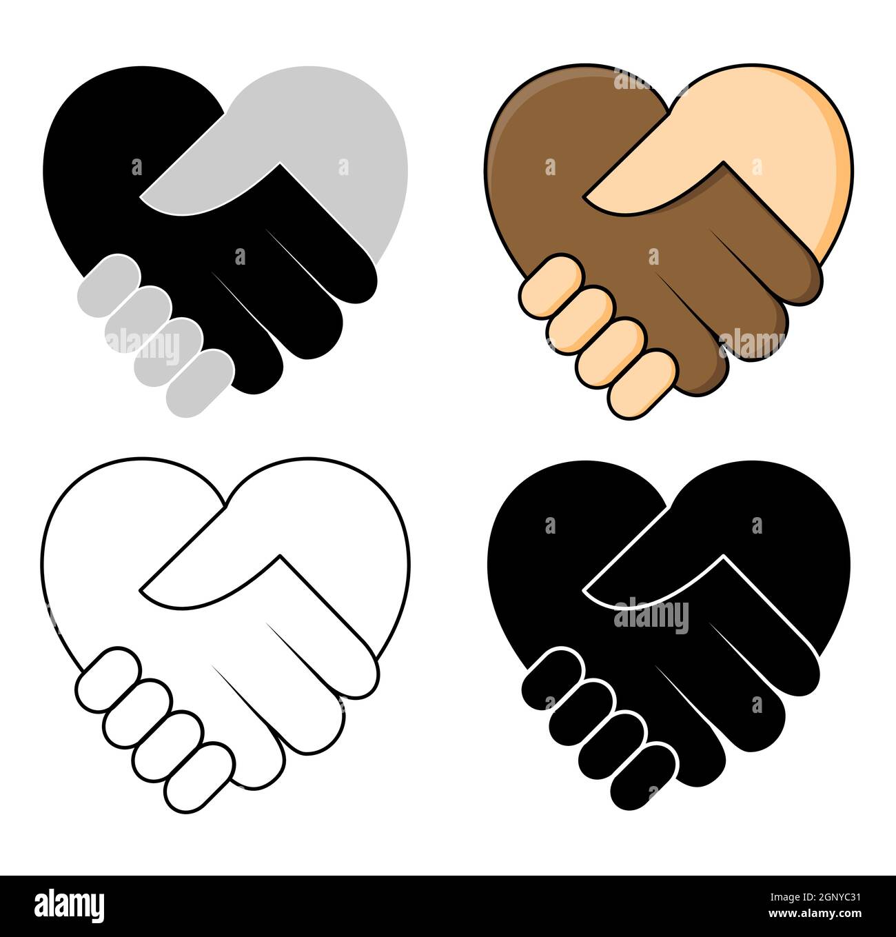 Shake hand in heart shape - No racism concept icon set. Two hands dark and fair skin in a handshake. Great for symbol of tolerance or teamwork between different ethnicity. Vector design. Stock Vector