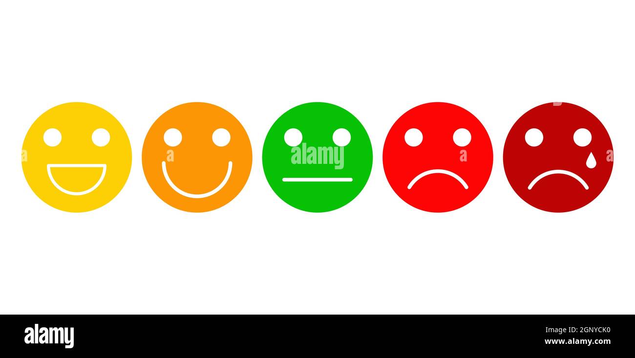 Five basic emotions emoji expressions. Scale from positive to negative. Good for customer opinion survey buttons. Vector illustration isolated on white background. Stock Vector