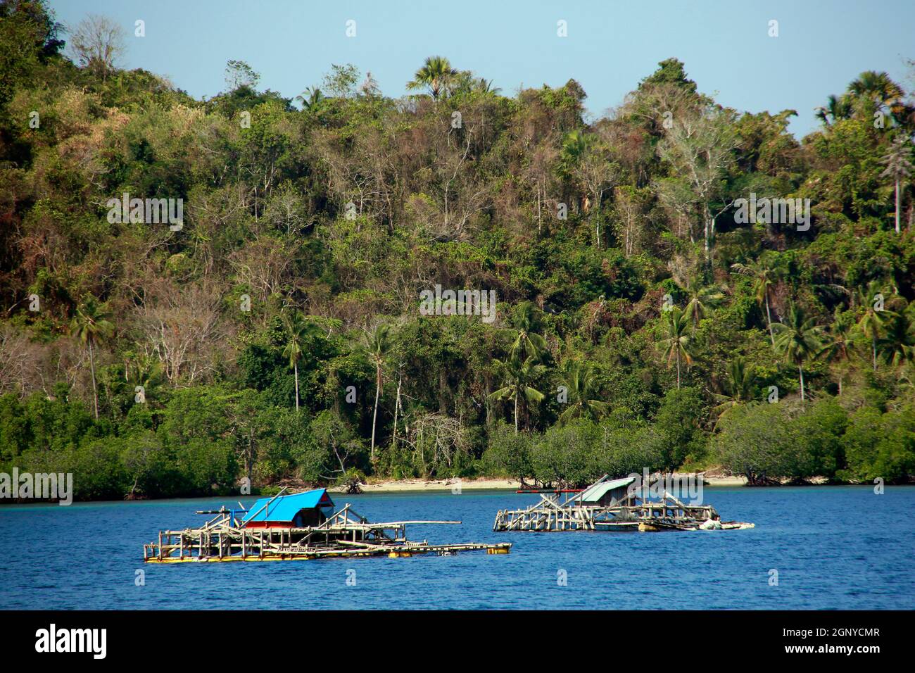 Fischerfloss mit Hütte vor der Insel Bangka,Sulawesi,Indonesien Stock Photo