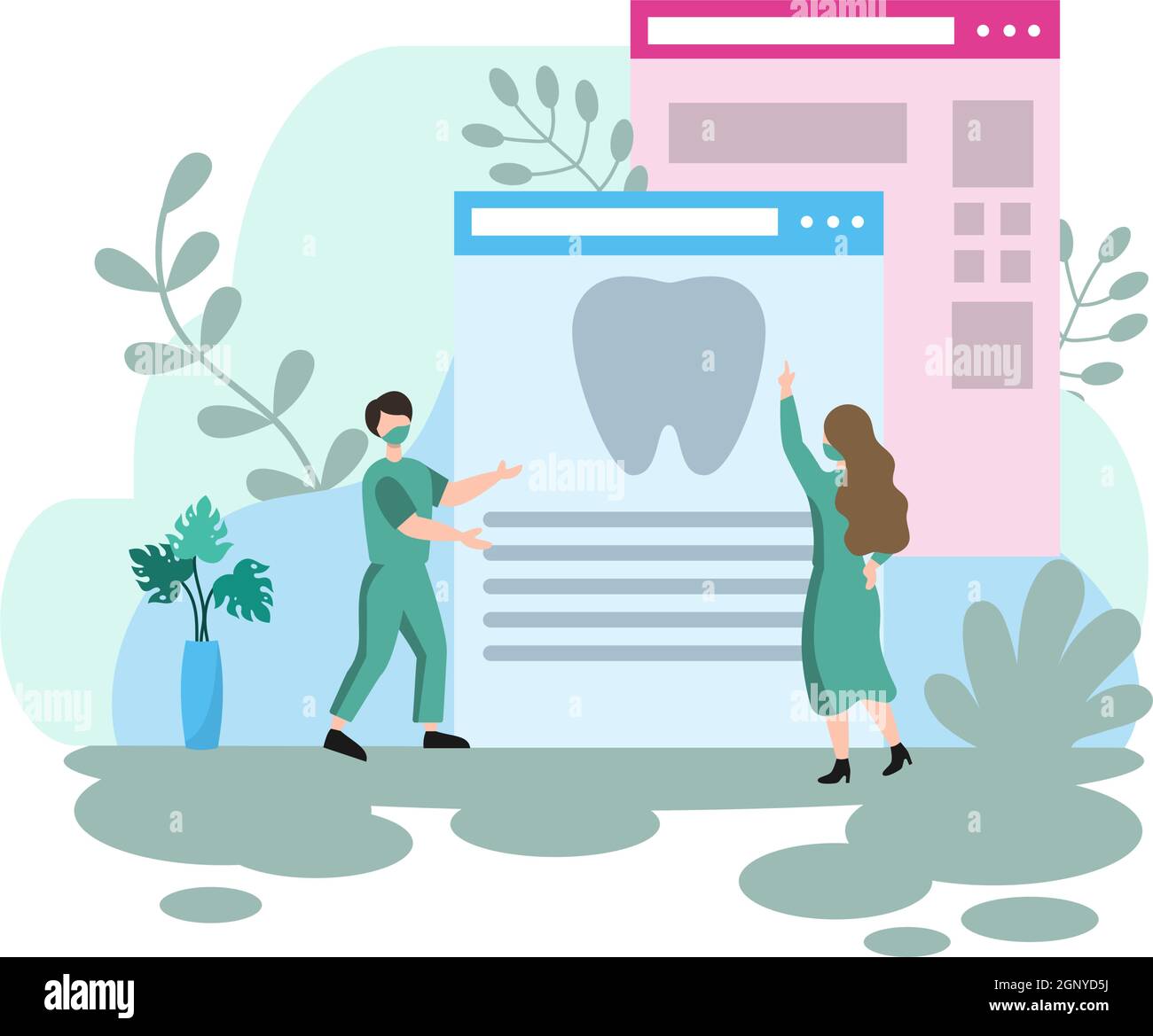 Dental Office Flat Color Illustration. Hospital interior with Workplace, Equipment, Instruments, Consultation, Treatment and Diagnosis Stock Vector