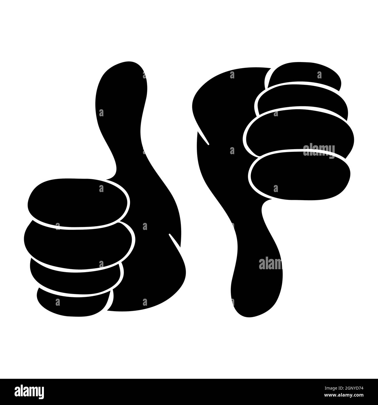 Thumb up and down silhouette icon. Black shape symbol of OK or not OK expression. LIKE or DISLIKE - social media reaction. Vector design isolated on white background. Stock Vector