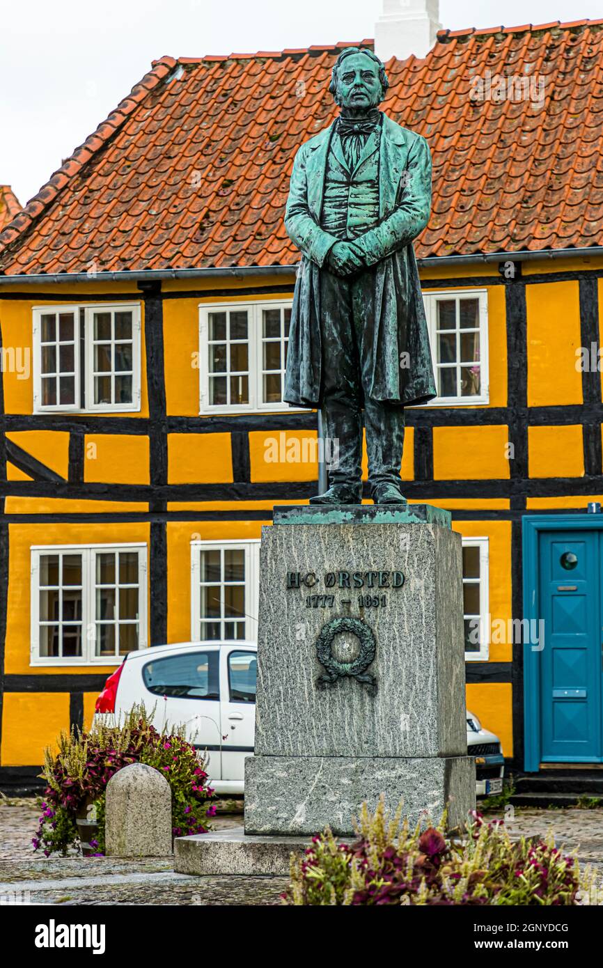 Goose market in Rudkøbing. The statue commemorates the physicist Hans Christian Ørsted. The discoverer of electromagnetism was born in Rudkøbing in 1777 as the son of a pharmacist. Rudkøbing, Langeland, Denmark Stock Photo