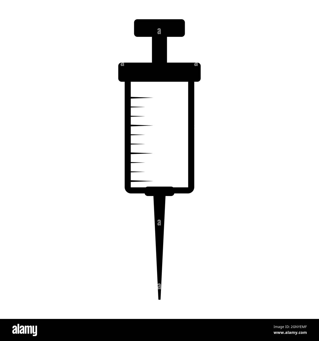 Syringe silhouette icon. Black shape of medical injection or vaccine symbol. Great for coronavirus vaccinate design. Vector illustration isolated on white background. Stock Vector