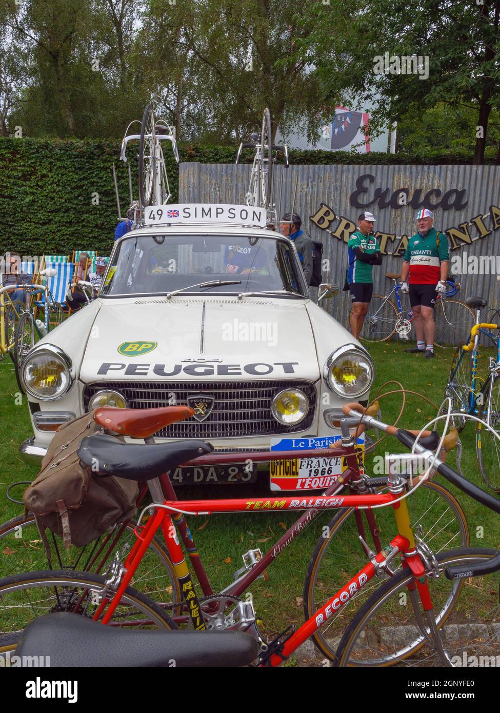 Vintage cycles and support car at the Goodwood Revival 2021 Stock Photo