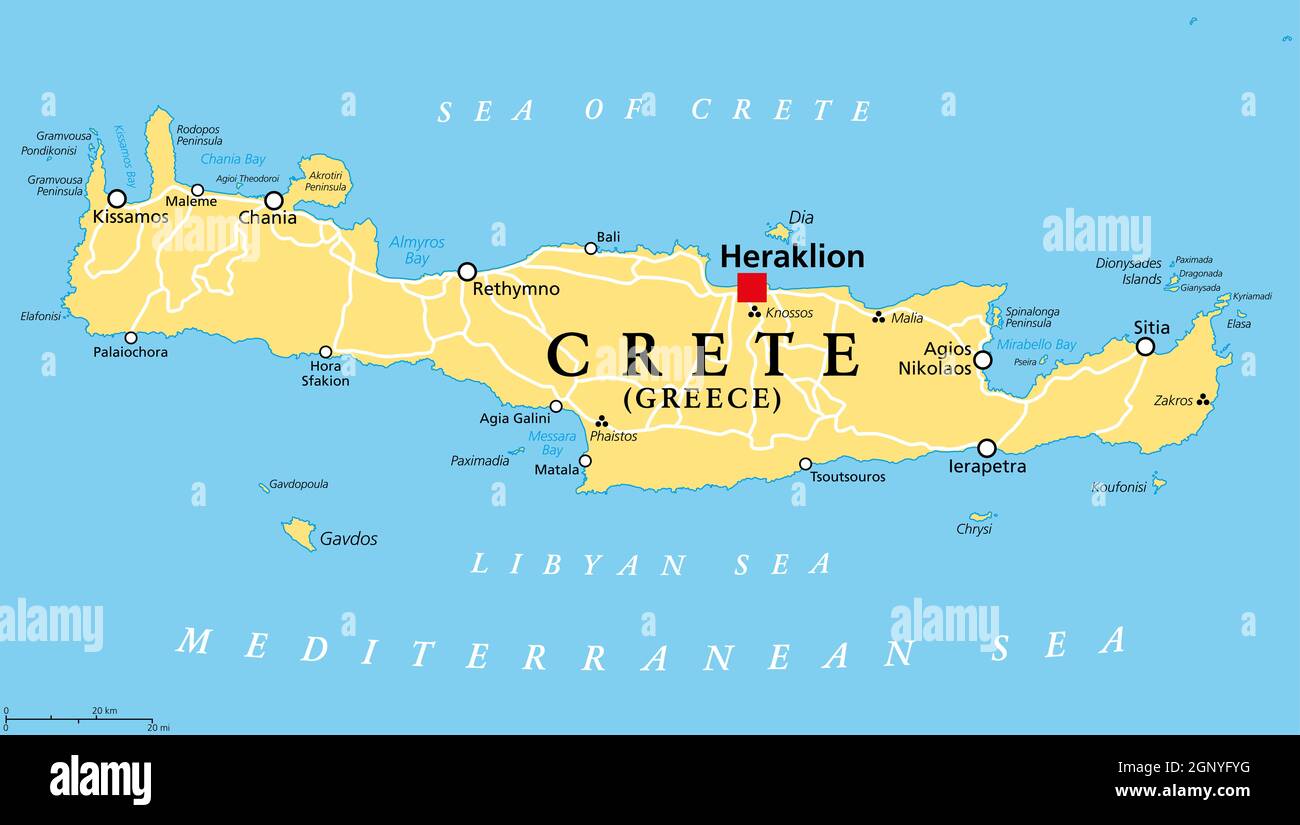 Crete, Greek island, political map, with capital Heraklion. Largest island of Greece and fifth largest in the Mediterranean Sea. Stock Photo