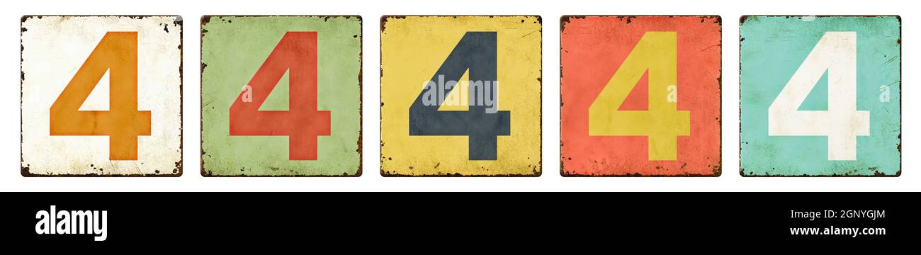 Five vintage tin signs on a white background - Number 4 Stock Photo