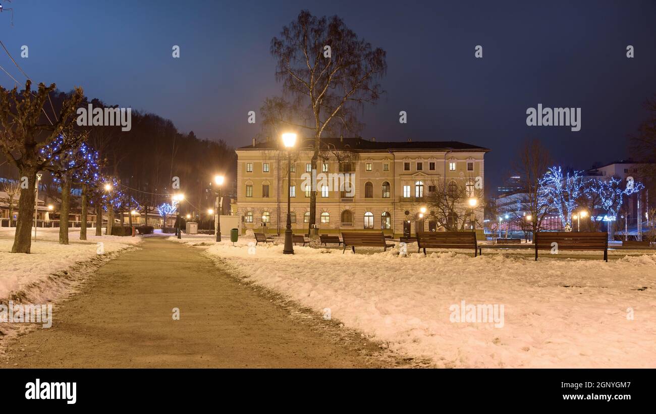 Winter view of the main square of Krynica Zdroj at night, famous spa town in southern Poland Stock Photo