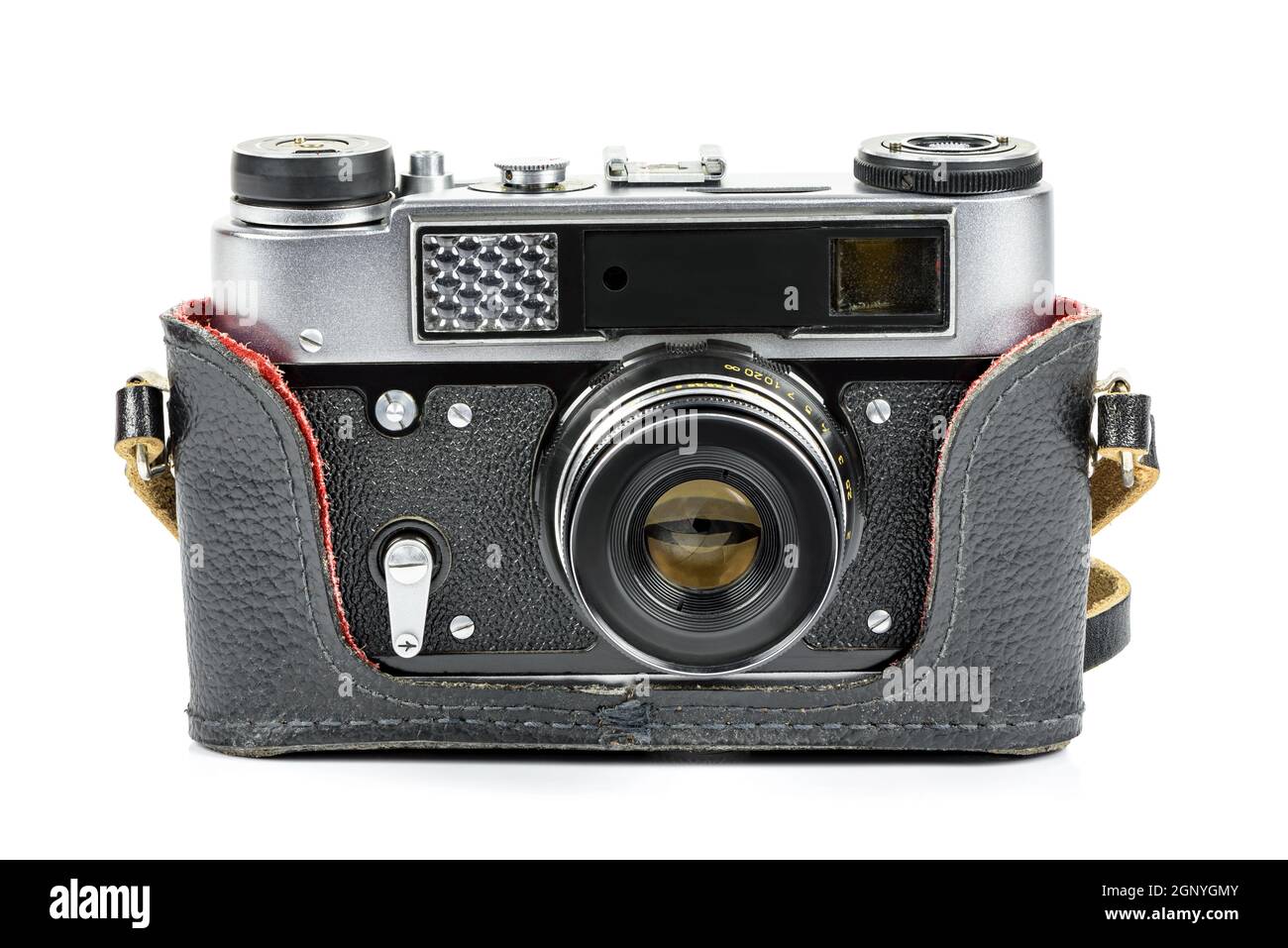 Vintage analog camera in leather case iasolated on white background ...