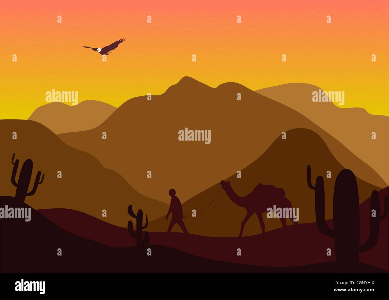 Desert Landscape with Cactus, Hills and Mountains Silhouettes. Vector ...