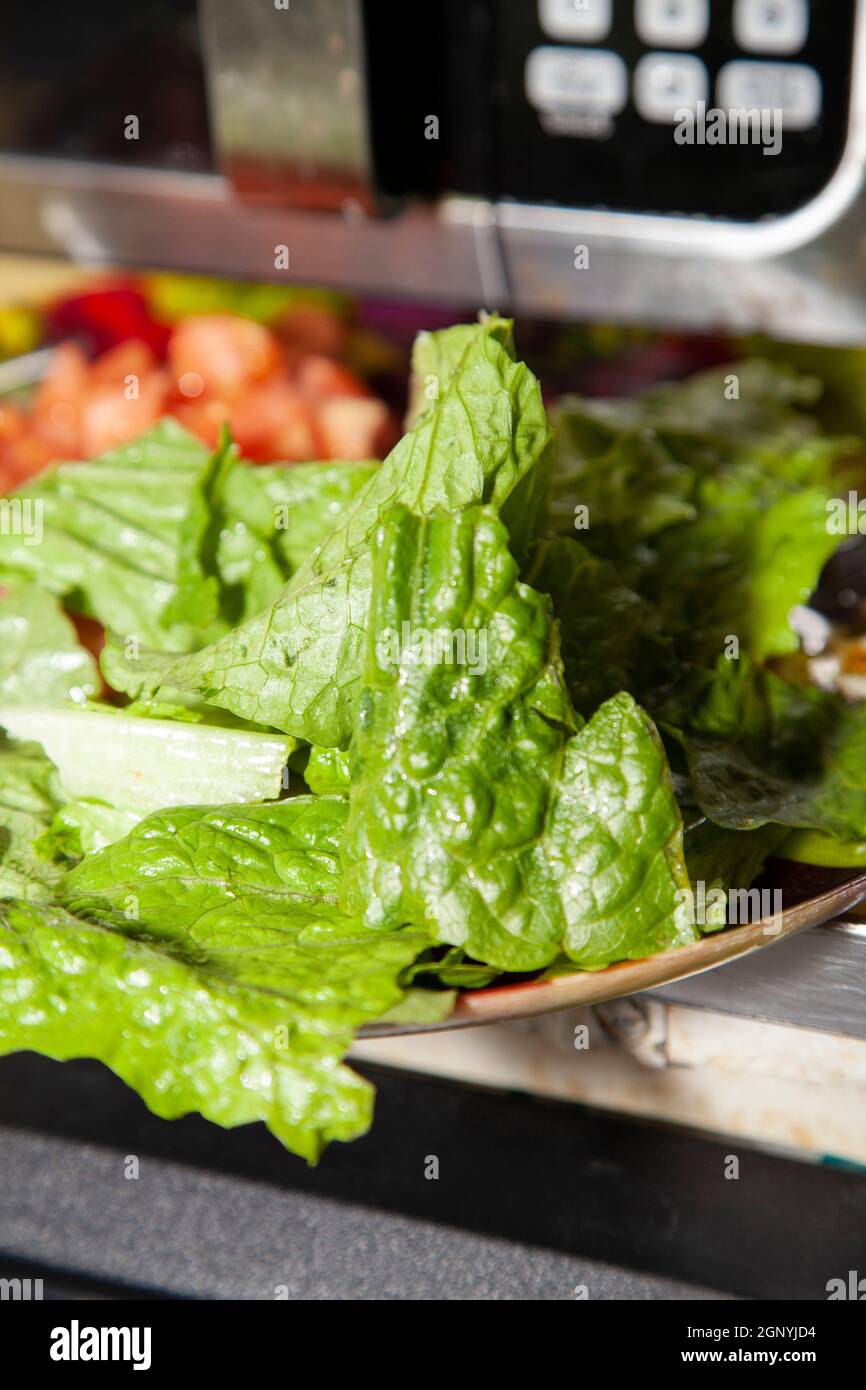 Fresh salad made from romaine lettuce and diced tomato in front of a