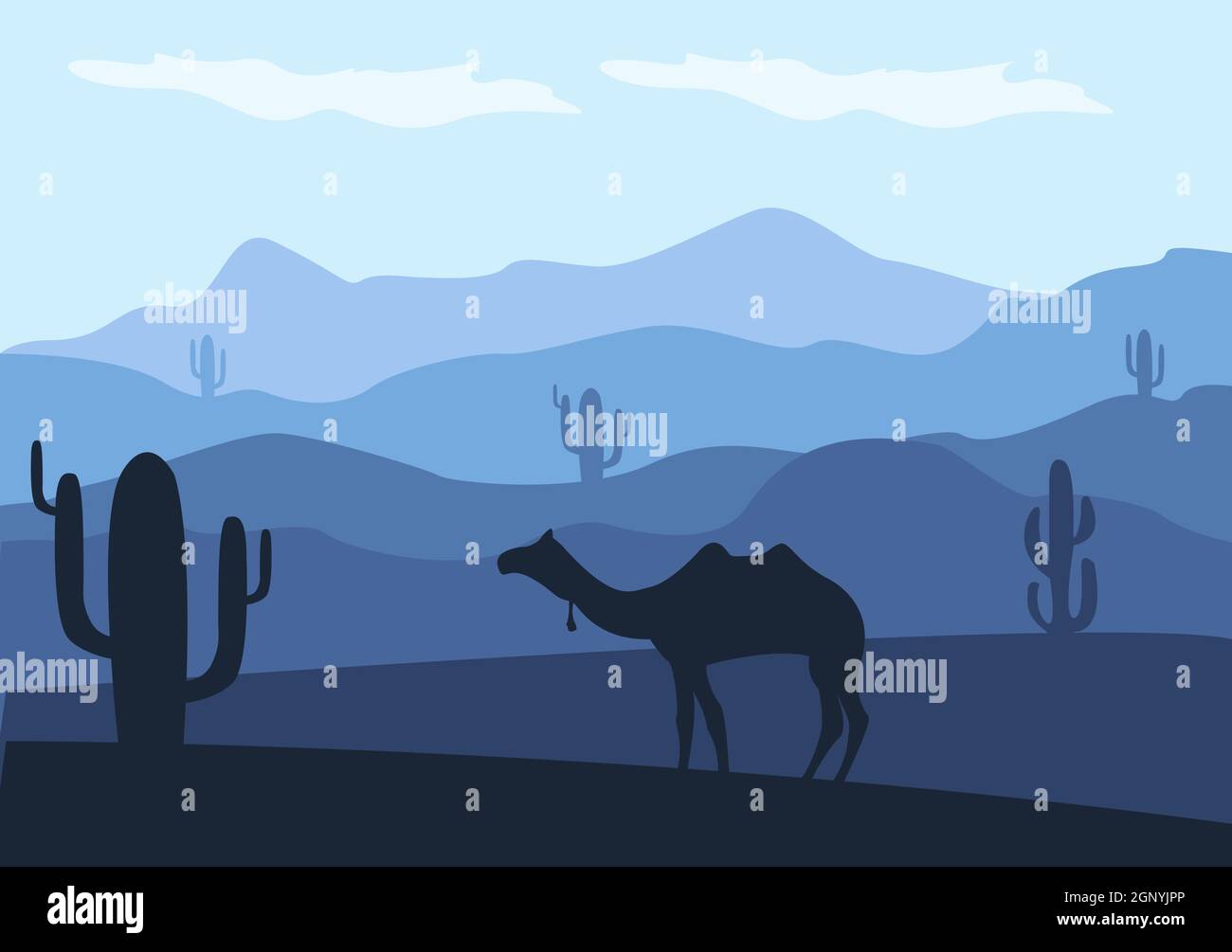 Desert Landscape with Cactus, Hills and Mountains Silhouettes. Vector ...