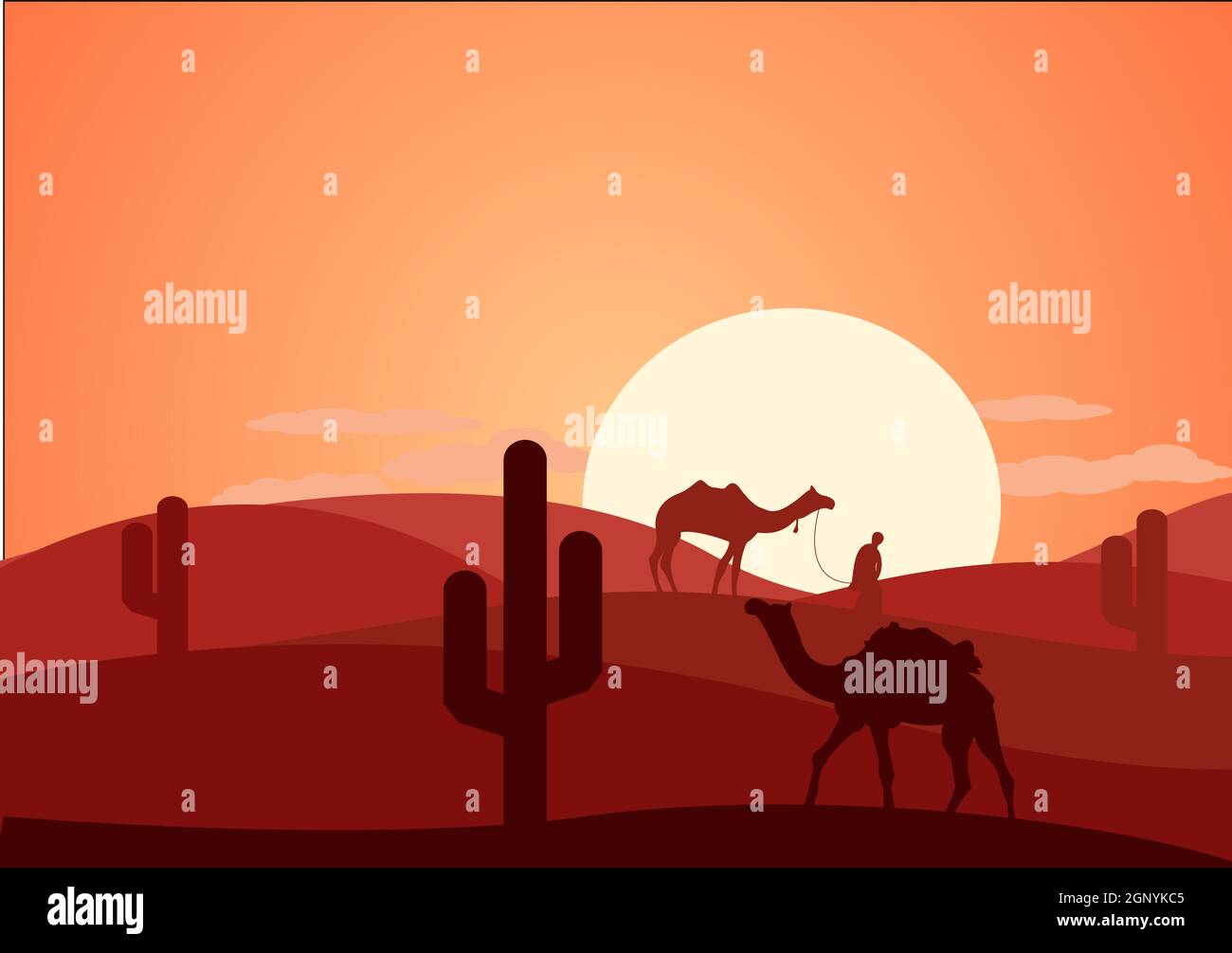 Desert Landscape with Cactus, Hills and Mountains Silhouettes. Vector ...