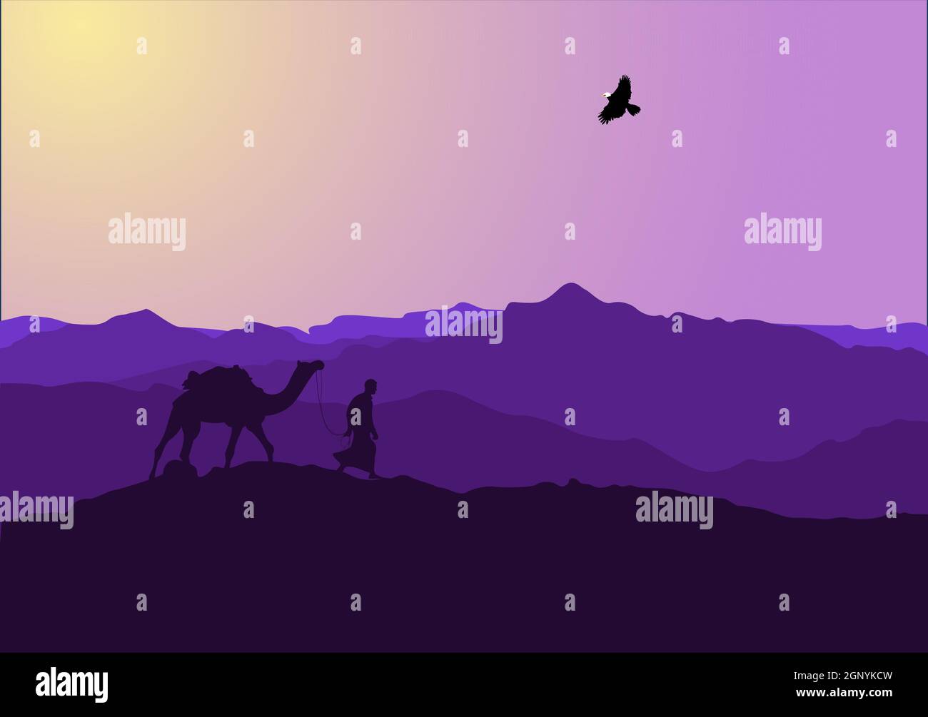 Desert Landscape with Cactus, Hills and Mountains Silhouettes. Vector ...