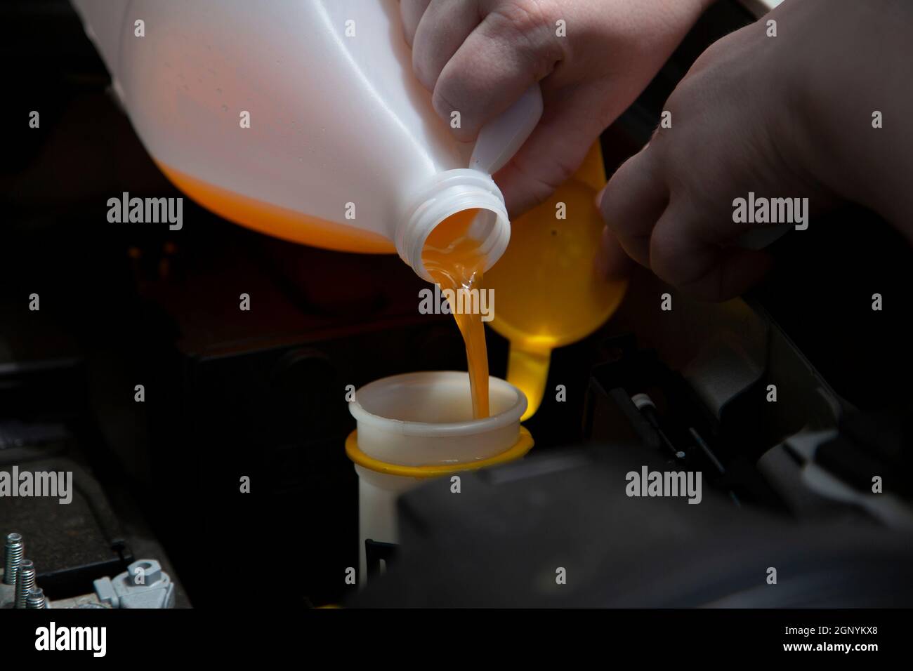 Windshield washer fluid being poured into the container in an