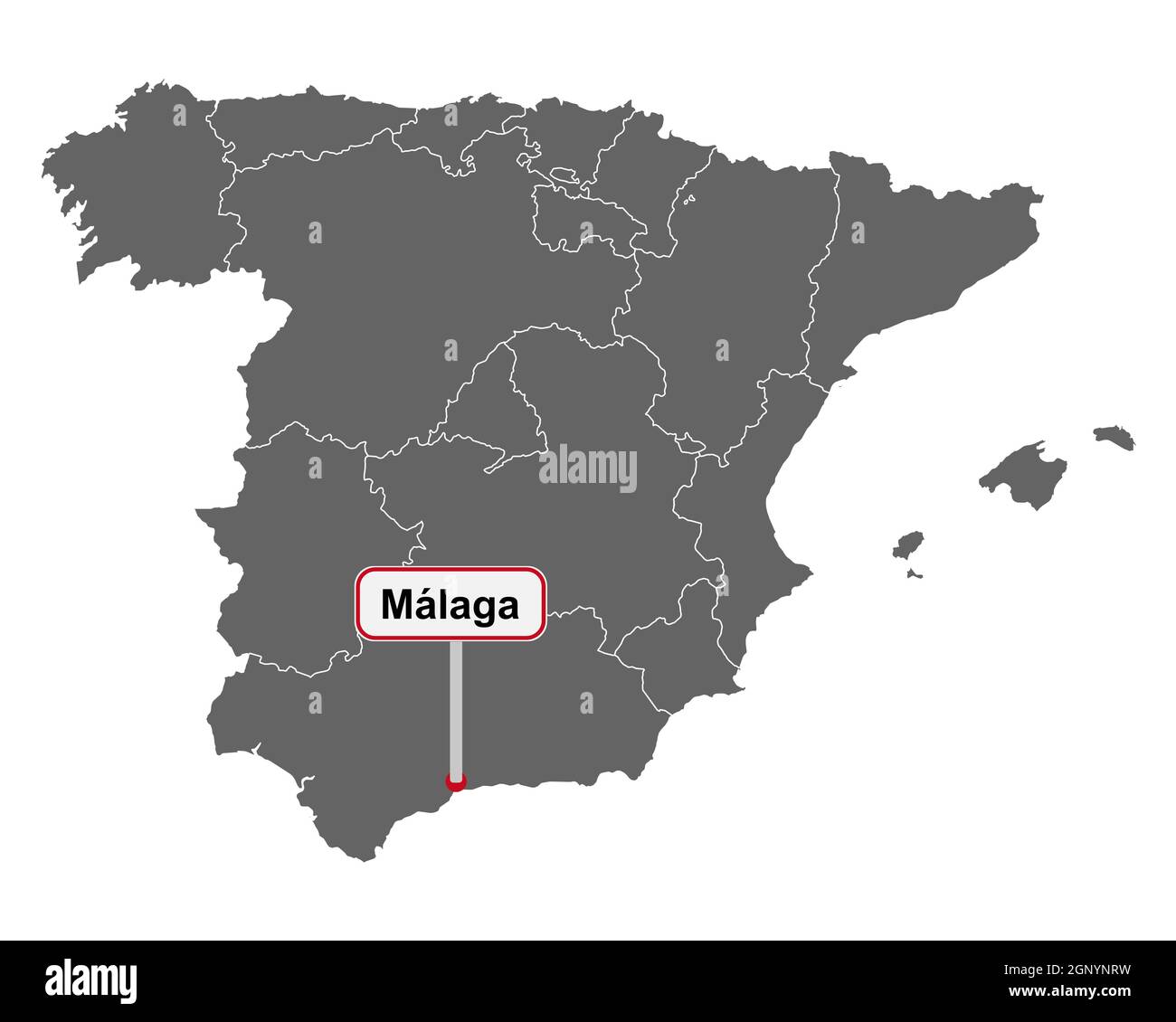 Landkarte von Spanien mit Ortsschild Malaga Stock Photo