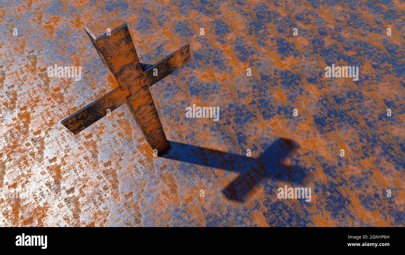Concept or conceptual metal cross on a  rusted corroded metal or steel sheet background. 3d illustration metaphor for God, Christ, religious, faith Stock Photo