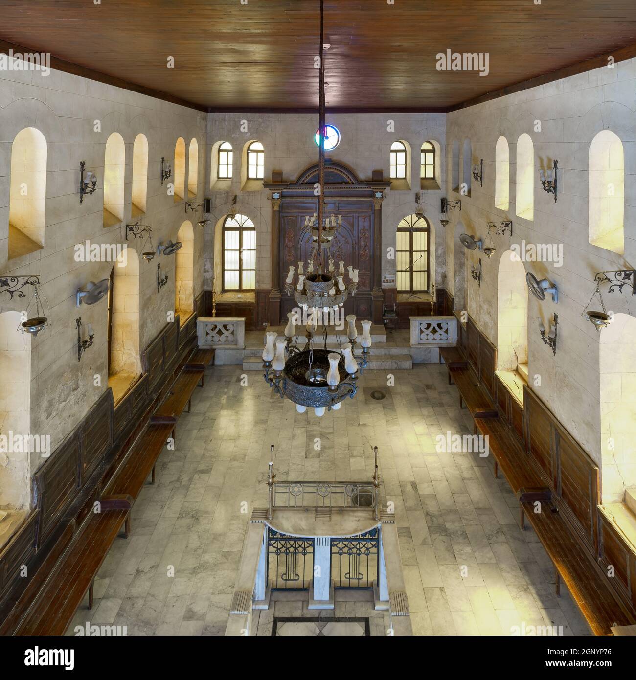 From above interior view of historic Jewish Maimonides Synagogue or Rav Moshe Synagogue with arched windows and chandelier in Gamalia district, Cairo Egypt Stock Photo