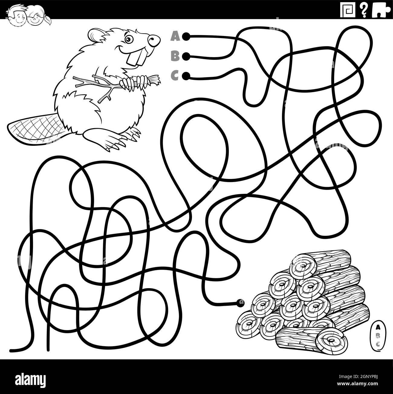 line maze with cartoon beaver and wood logs coloring book page Stock ...