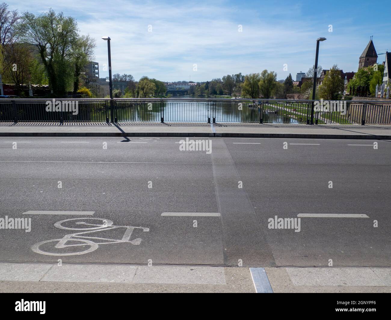 Federal State Border between Bayern and Baden-Württemberg on Herd Bridge Crossing the Danube - Neu-Ulm - Ulm Stock Photo