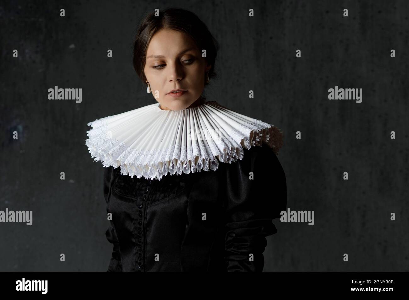 An elegant young lady in an old medieval costume, a portrait in the ...