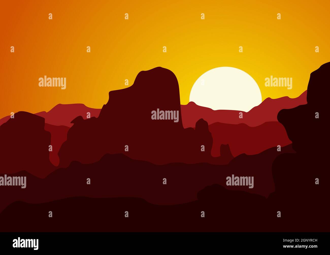 Desert Landscape with Cactus, Hills and Mountains Silhouettes. Vector ...
