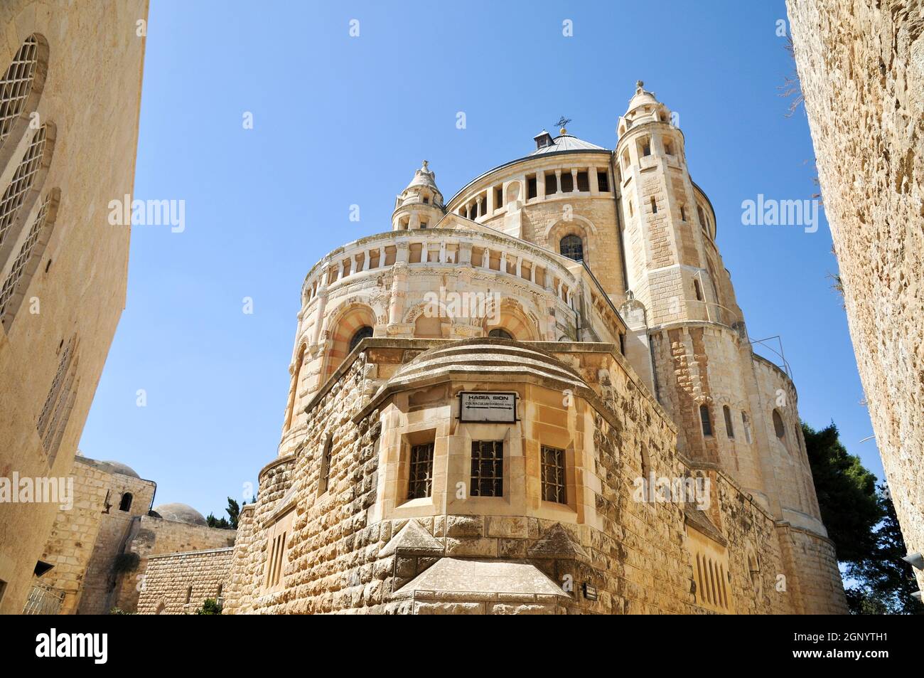 Israel, Jerusalem, Hagia Maria Sion Abbey (Dormition Abbey) is a Benedictine abbey in Jerusalem on Mt. Zion just outside the walls of the Old City nea Stock Photo