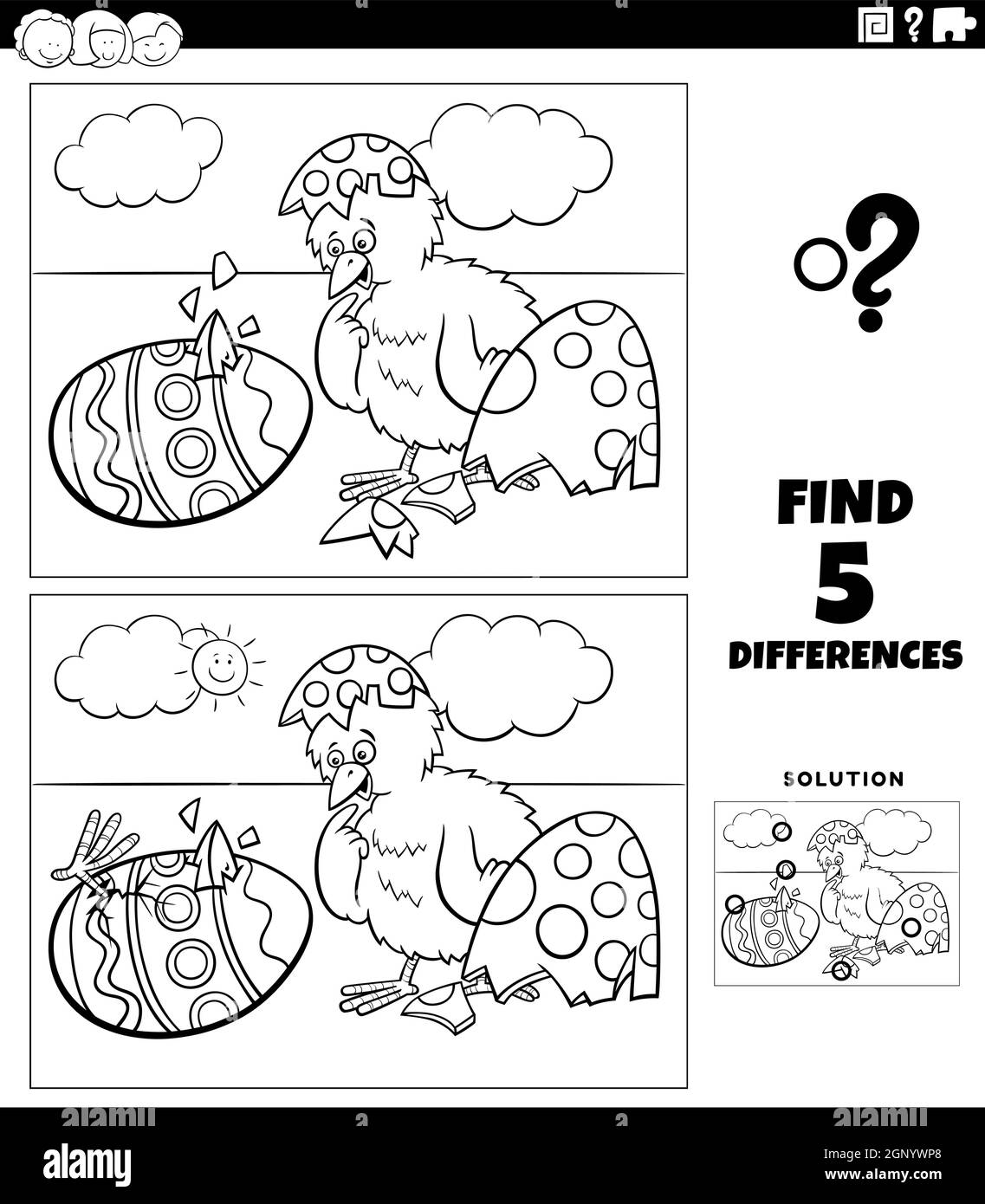 differences game with Easter chicks coloring book page Stock Vector