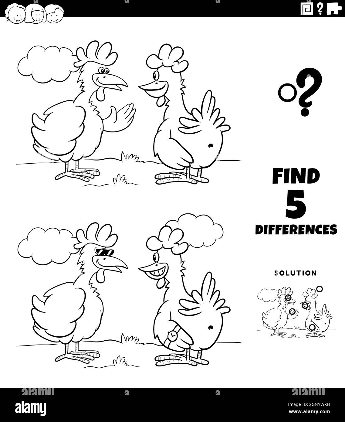 differences game with two hens or chickens coloring book page Stock