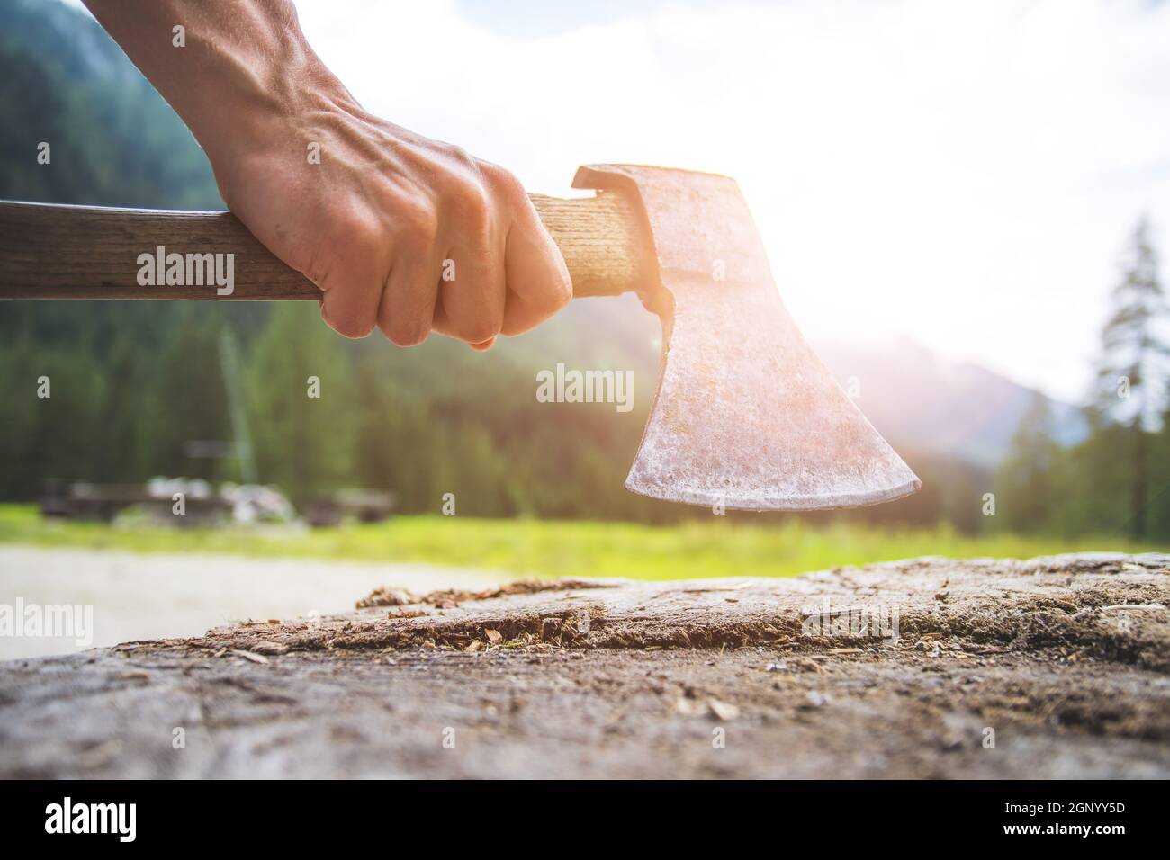 Hand holding axe hi-res stock photography and images - Alamy