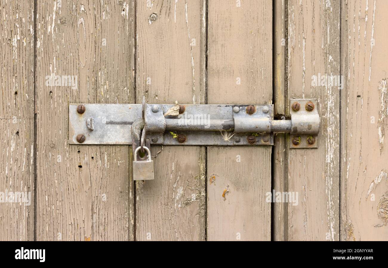 Close up of an old weathered wooden door with flaking paint with locked padlock. UK Stock Photo