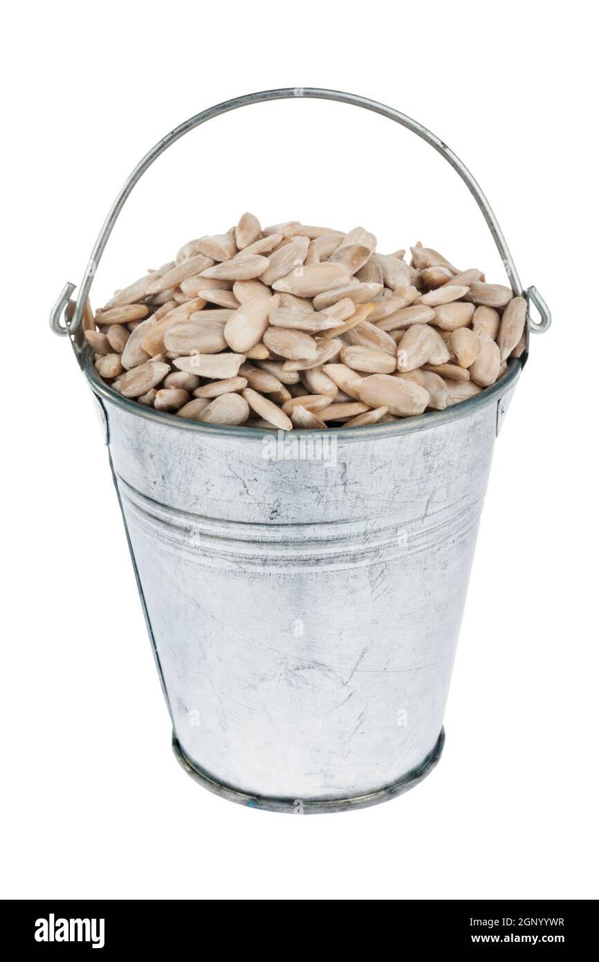 Bucket with sunflower seeds, isolated on white background Stock Photo