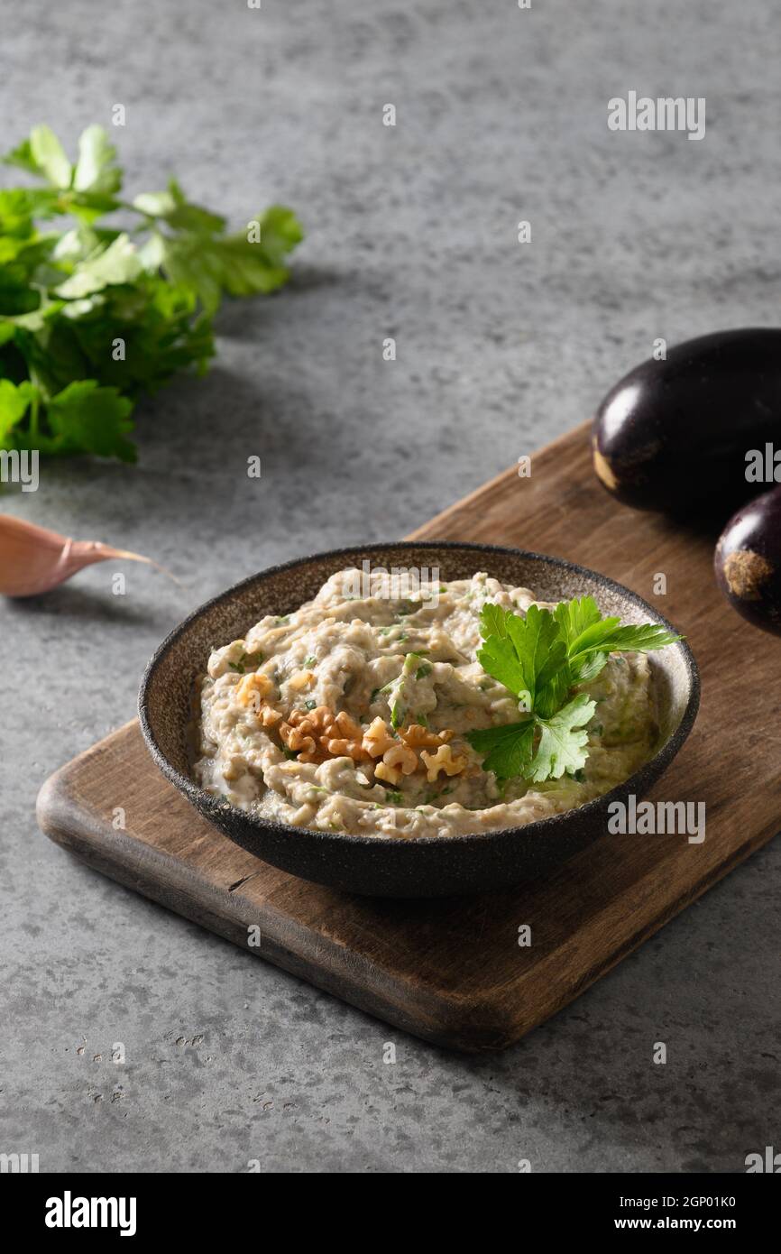 Baba ganoush of baked eggplant with parsley, garlic and olive oil