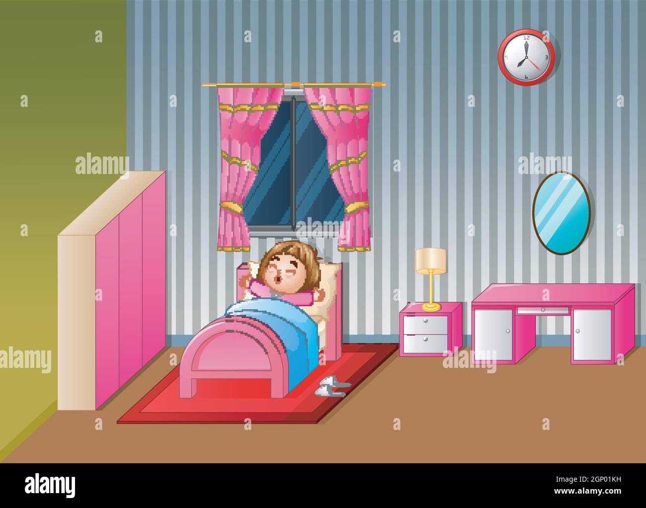 Cartoon Little girl waking up and yawning Stock Vector