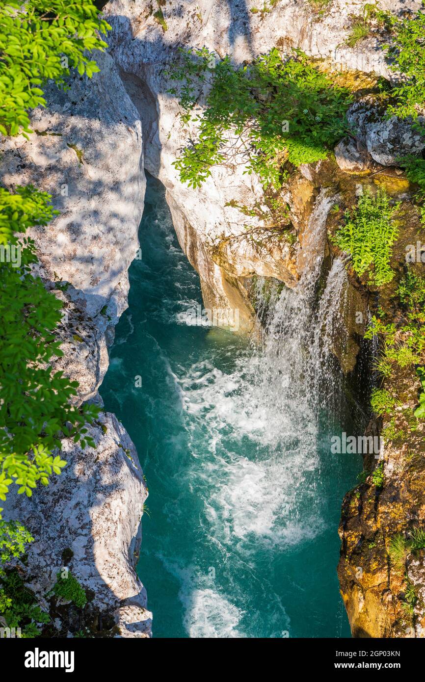 Waterfall to rriver Soca, Velika korita Soce, Triglavski national park, Slovenia Stock Photo
