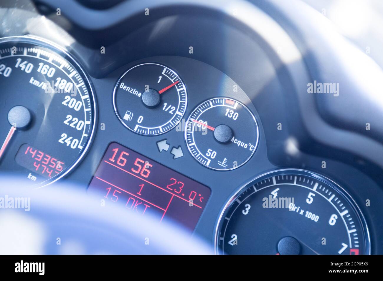 Closeup of the dashboard of a sports car, tachometer and fuel indicator Stock Photo Alamy