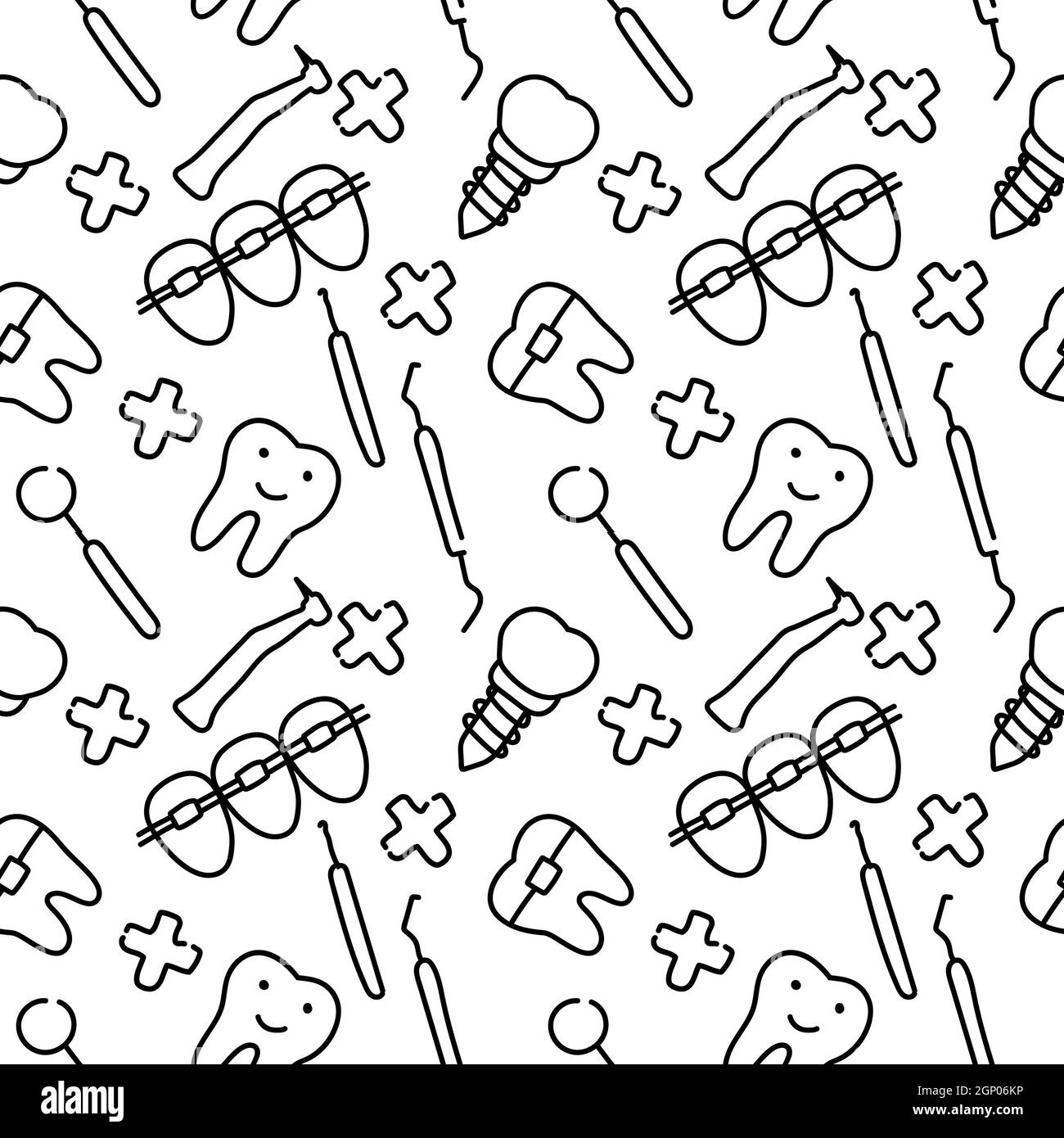 Dental care, Orthodontics Seamless Pattern with Line Icons. Dentist, Medical Equipment, Braces, Tooth Prosthesis, Floss, Caries Treatment, Toothpaste. Stock Photo