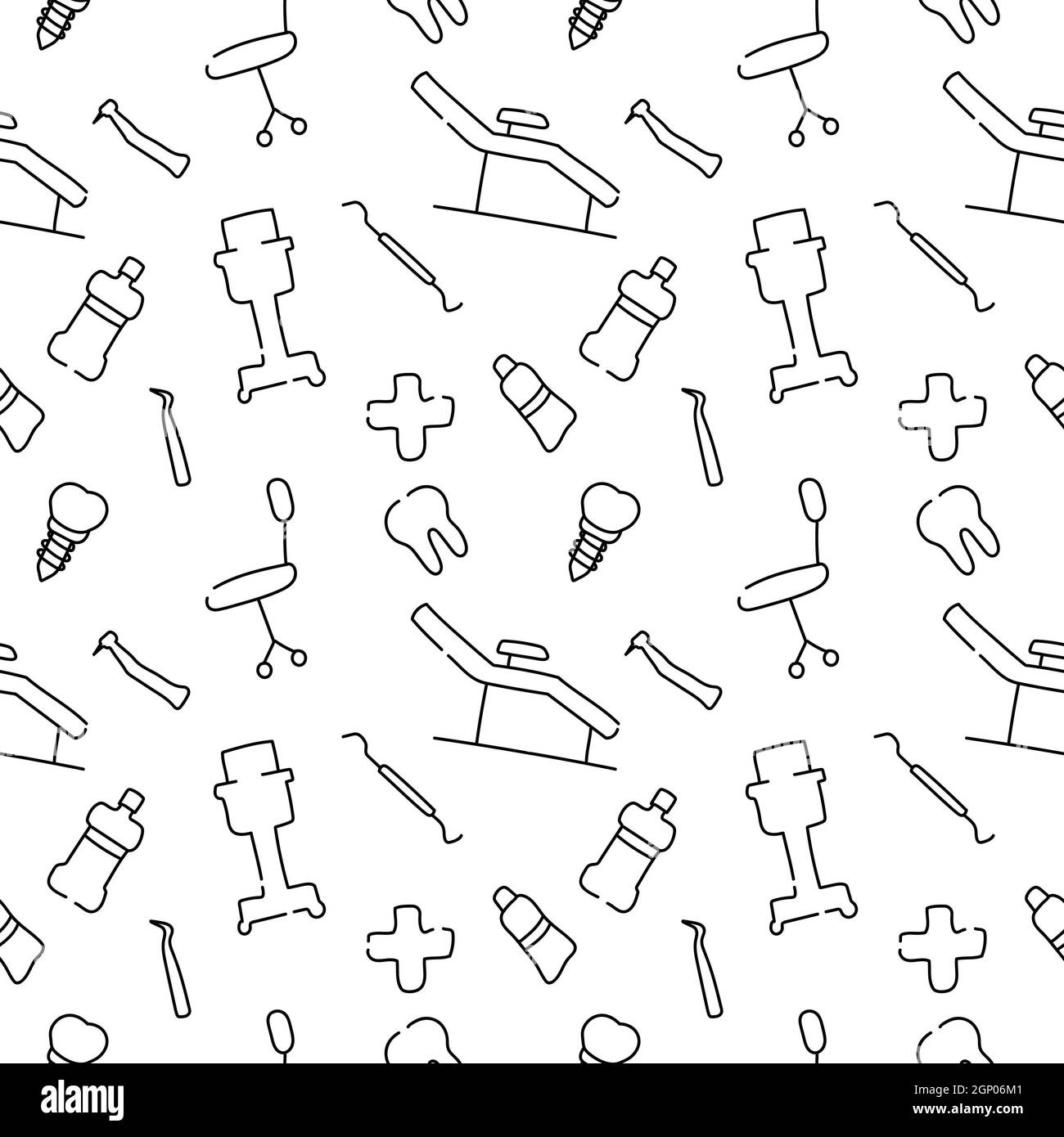 Dental care, Orthodontics Seamless Pattern with Line Icons. Dentist, Medical Equipment, Braces, Tooth Prosthesis, Floss, Caries Treatment, Toothpaste. Stock Photo