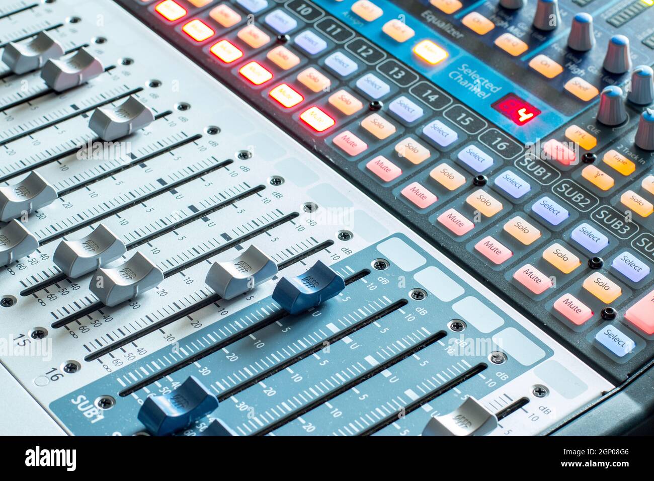 Professional music production in a sound recording studio, mixer desk ...