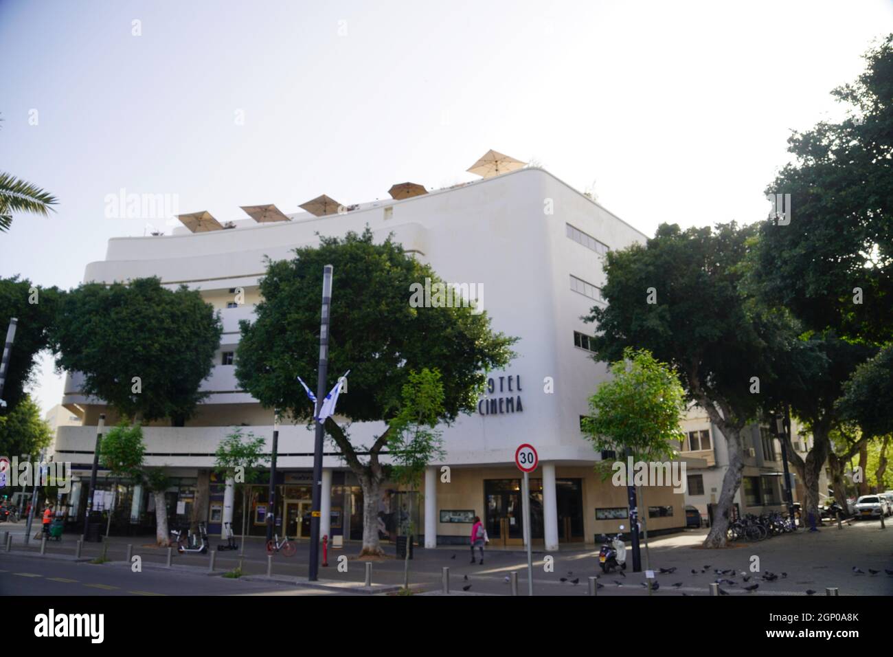 Bauhaus Architecture Hotel Cinema at Zina Dizengoff Square, in Tel Aviv White City. The White City refers to a collection of over 4,000 buildings buil Stock Photo